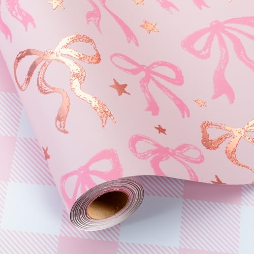 MAYPLUSS Pink Wrapping Paper Roll Cute Bow Gift Wrap Reversible Plaid Gift Paper for Girl Baby Shower Birthday Wedding 17 Inch x 33 Feet - Image 1