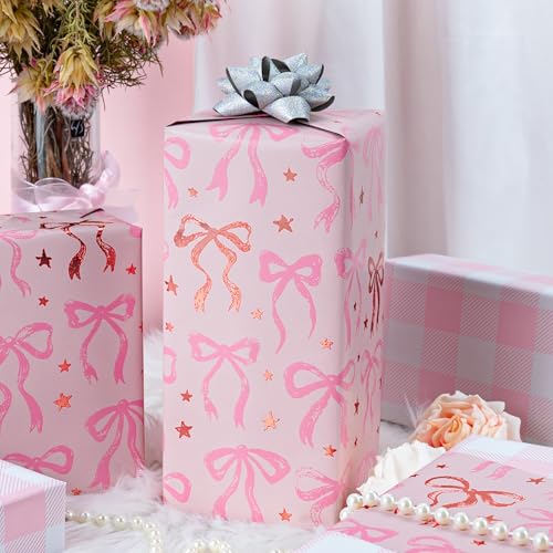 MAYPLUSS Pink Wrapping Paper Roll Cute Bow Gift Wrap Reversible Plaid Gift Paper for Girl Baby Shower Birthday Wedding 17 Inch x 33 Feet - Image 3