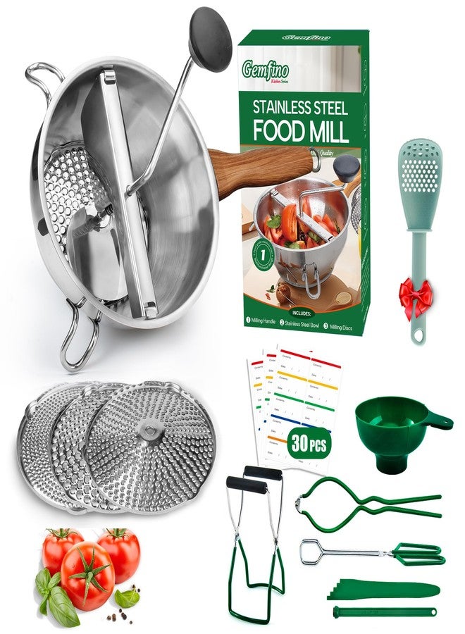 Gemfino Food Mill Stainless Steel With 3 Grinding Discs and Complete Canning Supplies Starter Kit of 8-Includes Tongs, Jar Lifter, Wrench, Lid Lifter, measurer,Funnel,Labels,Multifunctional Spoon(MW-BL-GR) - Image 1