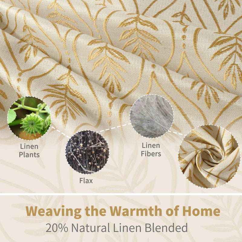 BGment Gold Linen Curtains for Living Room, French Country Leaf Jacquard Botanical Pattern Cottage Core Boho Vintage Grommet Light Filtering Semi Sheer Linen Curtains, 2 Panels, 52 x 84 Inch - Image 3