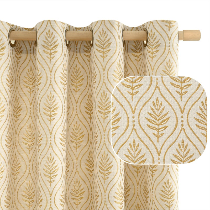 BGment Gold Linen Curtains for Living Room, French Country Leaf Jacquard Botanical Pattern Cottage Core Boho Vintage Grommet Light Filtering Semi Sheer Linen Curtains, 2 Panels, 52 x 84 Inch - Image 1
