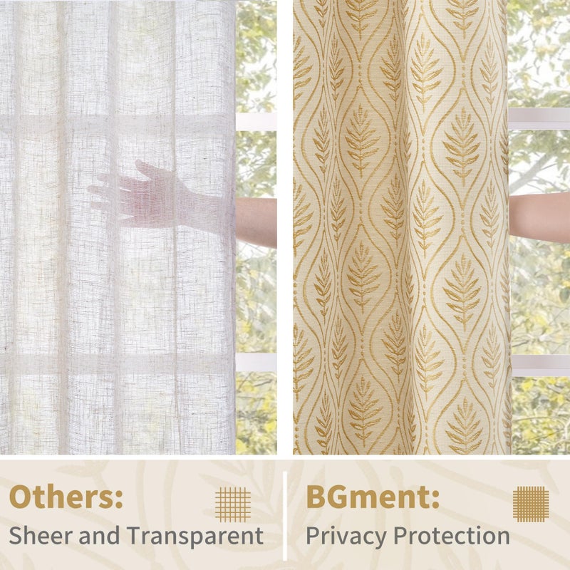 BGment Gold Linen Curtains for Living Room, French Country Leaf Jacquard Botanical Pattern Cottage Core Boho Vintage Grommet Light Filtering Semi Sheer Linen Curtains, 2 Panels, 52 x 84 Inch - Image 5