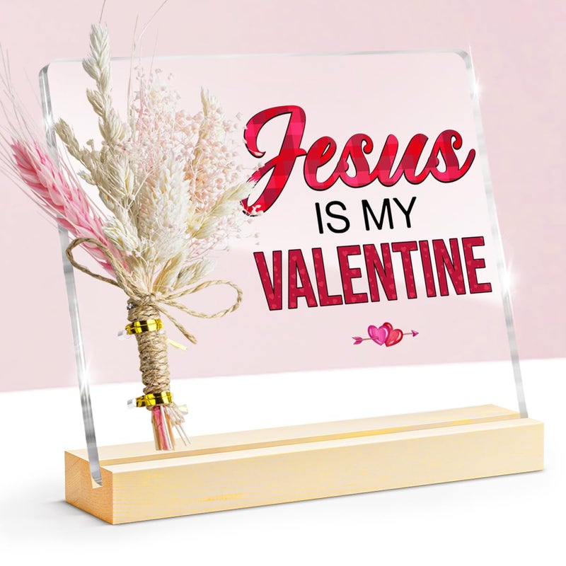 Oqtumes Valentines Gifts, Jesus Is My Valentine Decorative Sign, Bouquet Acrylic Sign With Wooden Stand for Office Desk Table Shelf - Image 1