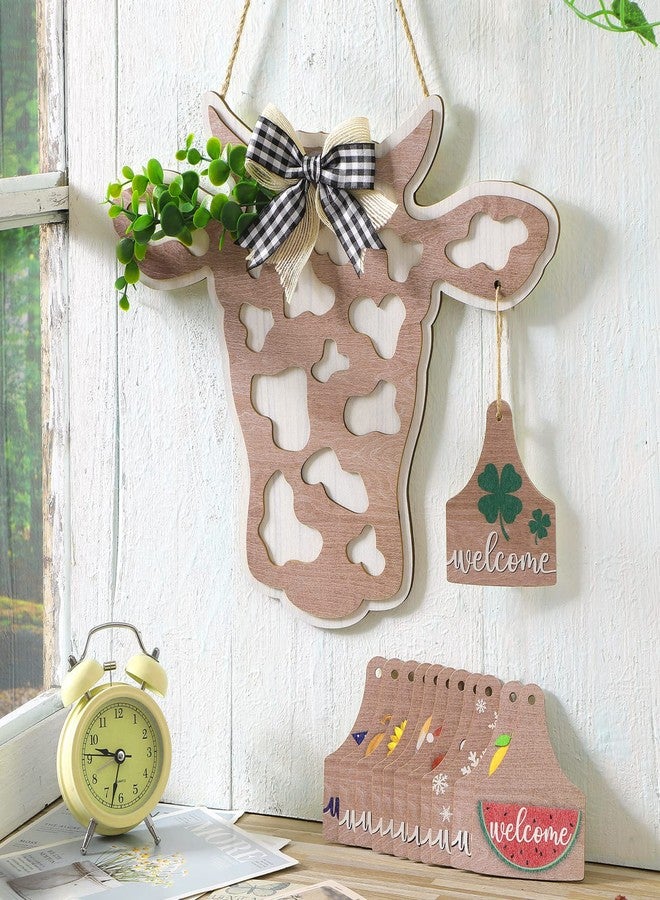 Maitys 13 Pcs Highland Cow Head Door Wreath Sign Christmas Decor Welcome Hanger Rustic Wooden Hanging Farmhouse with Buffalo Plaid Bow Artificial Leave for Front Door, 14.9 x 11 Inch(Calf Head Shape) - Image 3