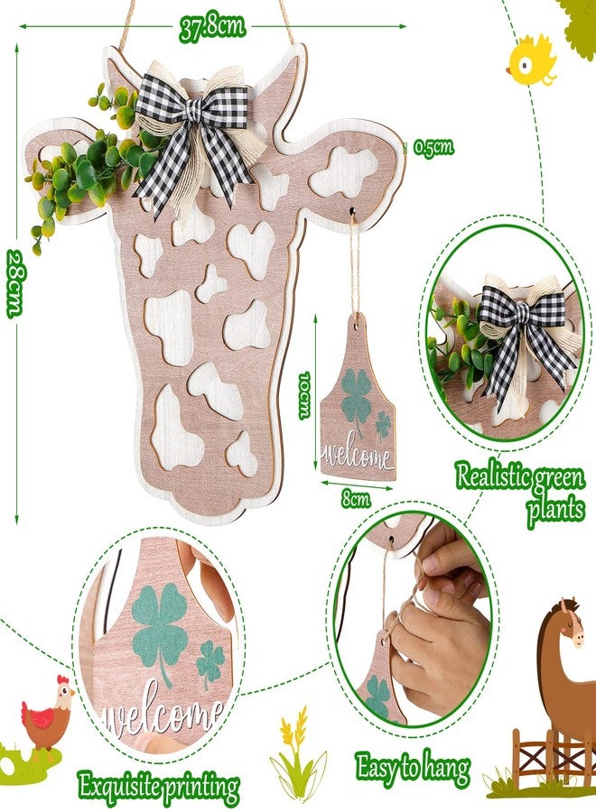 Maitys 13 Pcs Highland Cow Head Door Wreath Sign Christmas Decor Welcome Hanger Rustic Wooden Hanging Farmhouse with Buffalo Plaid Bow Artificial Leave for Front Door, 14.9 x 11 Inch(Calf Head Shape) - Image 2