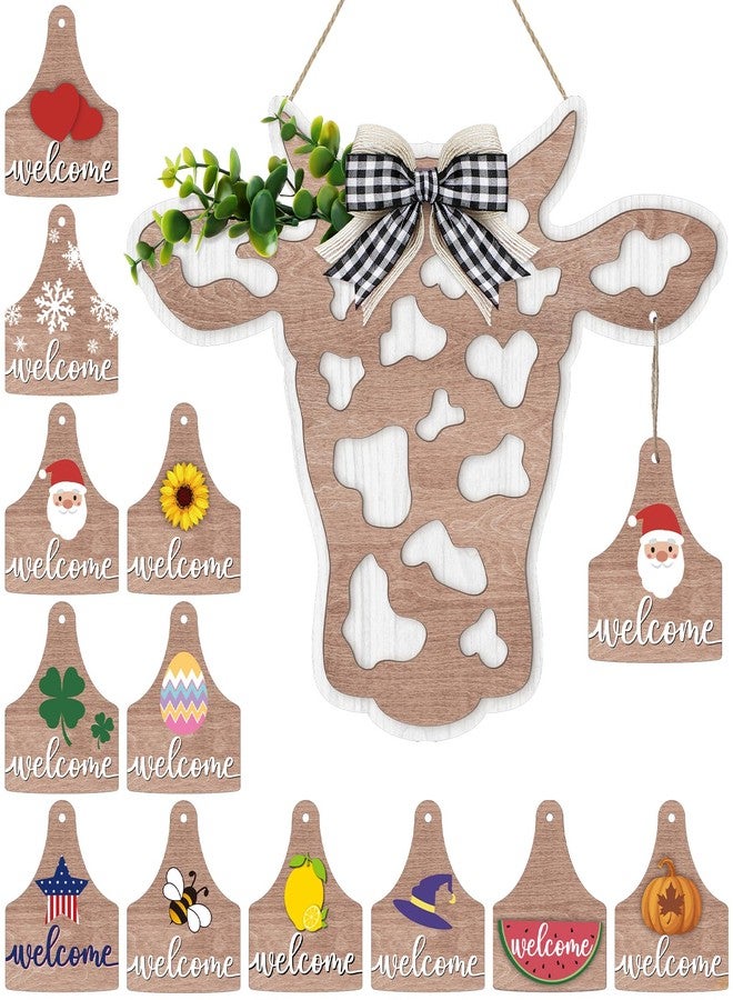 Maitys 13 Pcs Highland Cow Head Door Wreath Sign Christmas Decor Welcome Hanger Rustic Wooden Hanging Farmhouse with Buffalo Plaid Bow Artificial Leave for Front Door, 14.9 x 11 Inch(Calf Head Shape) - Image 1