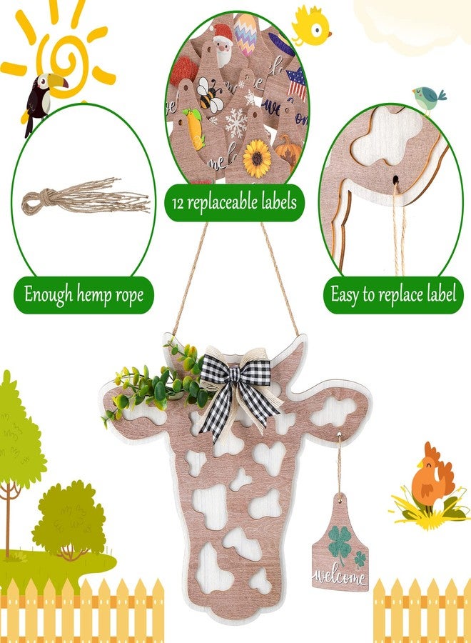 Maitys 13 Pcs Highland Cow Head Door Wreath Sign Christmas Decor Welcome Hanger Rustic Wooden Hanging Farmhouse with Buffalo Plaid Bow Artificial Leave for Front Door, 14.9 x 11 Inch(Calf Head Shape) - Image 4