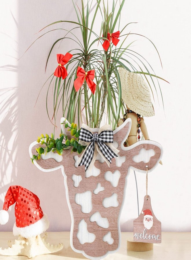 Maitys 13 Pcs Highland Cow Head Door Wreath Sign Christmas Decor Welcome Hanger Rustic Wooden Hanging Farmhouse with Buffalo Plaid Bow Artificial Leave for Front Door, 14.9 x 11 Inch(Calf Head Shape) - Image 5