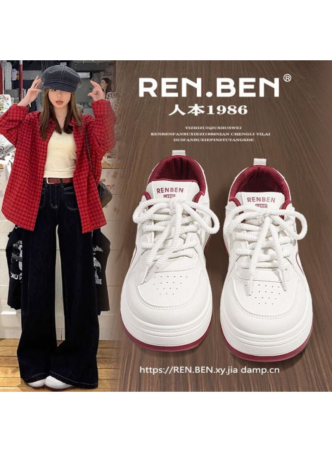Renben Spring Autumn Wine Red Thick Sole Niche Sneakers Women 2025 Trending High-value Student Versatile Hong Kong Style Black Shoes
