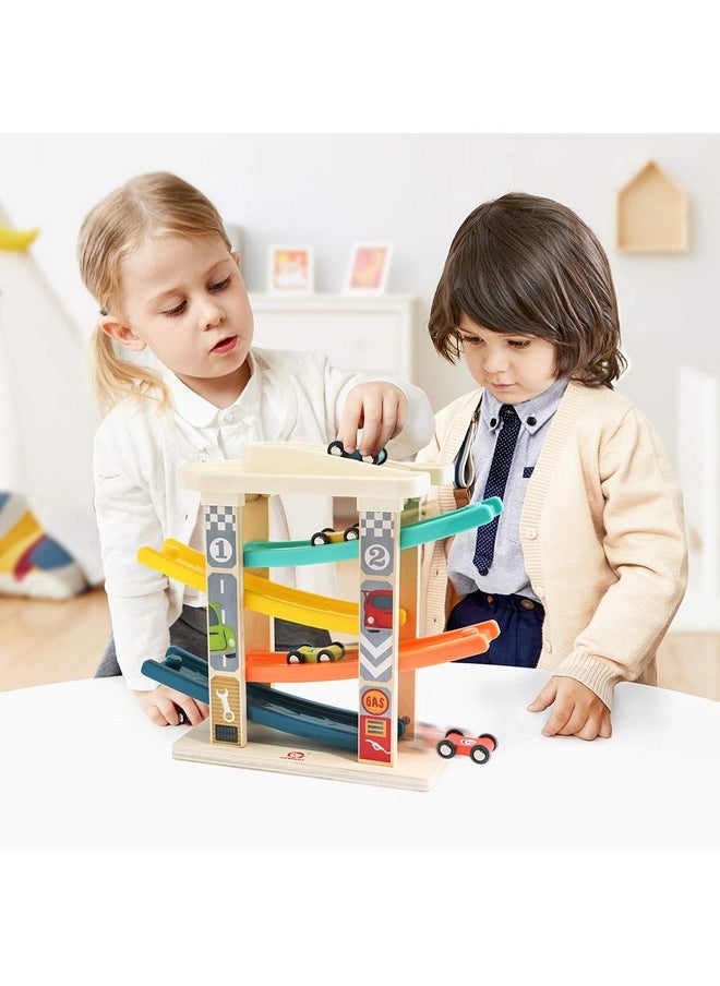 TOP BRIGHT TOP Bright Toddler Wooden Race Track Car Ramp Toys for 1 2 Year Old Baby Motor Skills Race Tracks Car Ramp Vehicle Playsets with 4 Mini Cars and 1 Car Garage  - Image 5