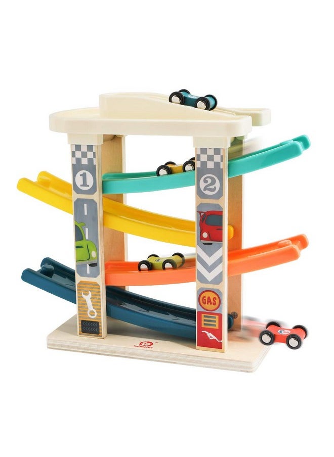 TOP BRIGHT TOP Bright Toddler Wooden Race Track Car Ramp Toys for 1 2 Year Old Baby Motor Skills Race Tracks Car Ramp Vehicle Playsets with 4 Mini Cars and 1 Car Garage  - Image 1