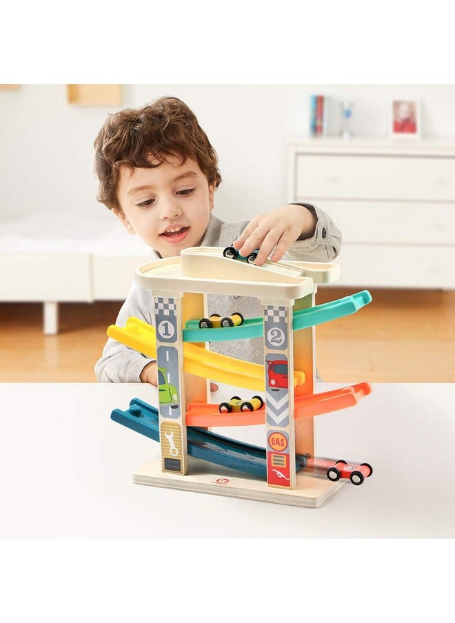 TOP BRIGHT TOP Bright Toddler Wooden Race Track Car Ramp Toys for 1 2 Year Old Baby Motor Skills Race Tracks Car Ramp Vehicle Playsets with 4 Mini Cars and 1 Car Garage  - Image 2