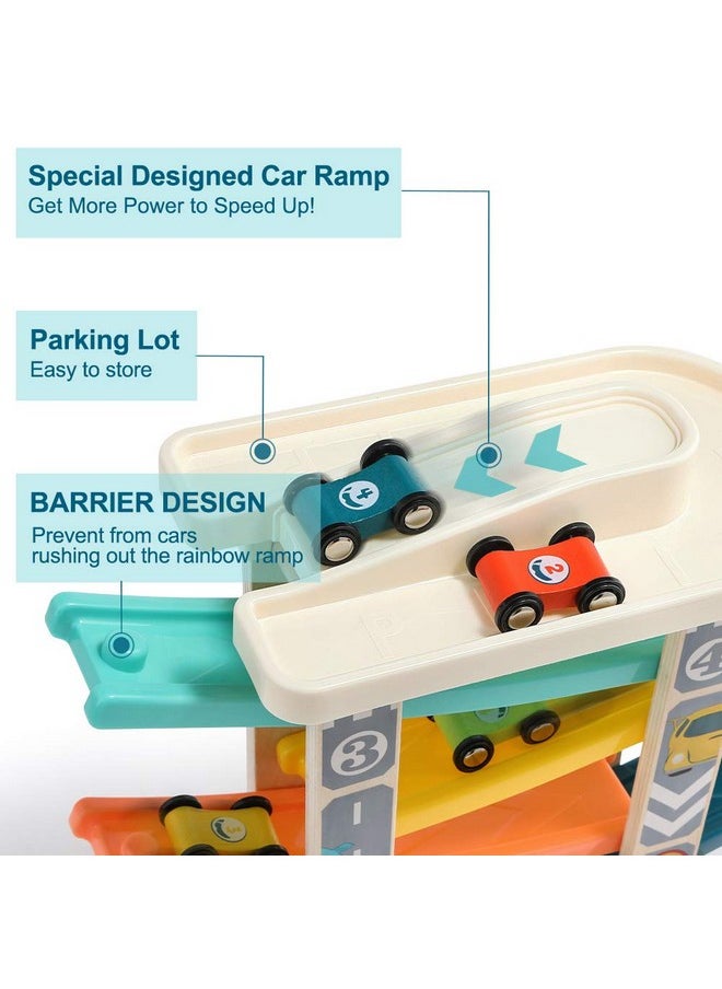 TOP BRIGHT TOP Bright Toddler Wooden Race Track Car Ramp Toys for 1 2 Year Old Baby Motor Skills Race Tracks Car Ramp Vehicle Playsets with 4 Mini Cars and 1 Car Garage  - Image 3