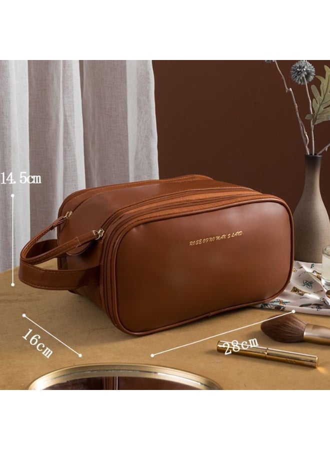 حقيبة مكياج قابلة للحمل، حقيبة تنظيم مكياج لأدوات التجميل مع فاصل وحجرات للفرش، حقيبة سفر مقاومة للماء لمستحضرات التجميل للنساء والفتيات (بني) - Image 2