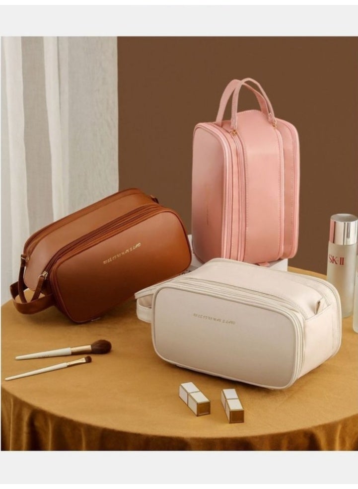 حقيبة مكياج قابلة للحمل، حقيبة تنظيم مكياج لأدوات التجميل مع فاصل وحجرات للفرش، حقيبة سفر مقاومة للماء لمستحضرات التجميل للنساء والفتيات (بني) - Image 3