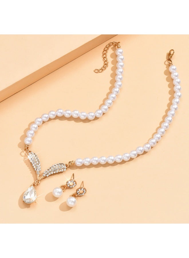 Pearl Jewelry Set Bride Pearl Droplet Pendant Earrings Necklace with Diamond Accessories Two piece set(gold) - Image 3