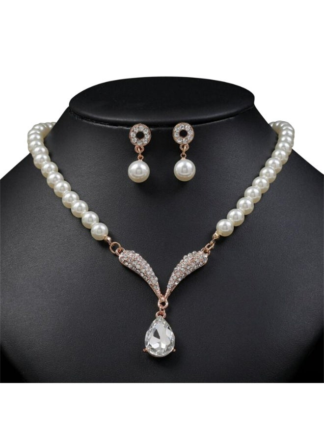 Pearl Jewelry Set Bride Pearl Droplet Pendant Earrings Necklace with Diamond Accessories Two piece set(gold) - Image 1