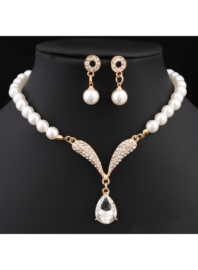 Pearl Jewelry Set Bride Pearl Droplet Pendant Earrings Necklace with Diamond Accessories Two piece set(gold) - Image 5