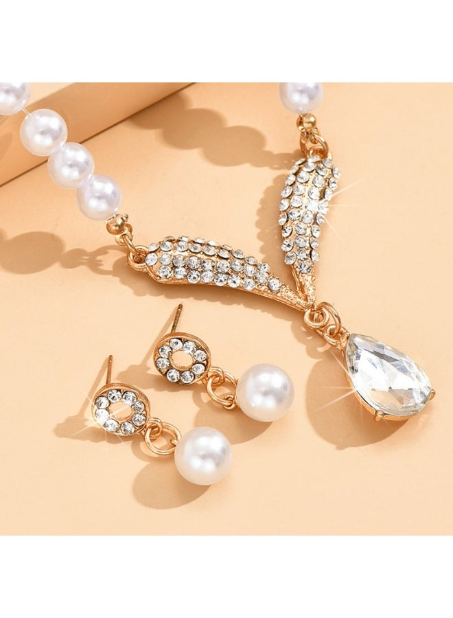 Pearl Jewelry Set Bride Pearl Droplet Pendant Earrings Necklace with Diamond Accessories Two piece set(gold) - Image 4