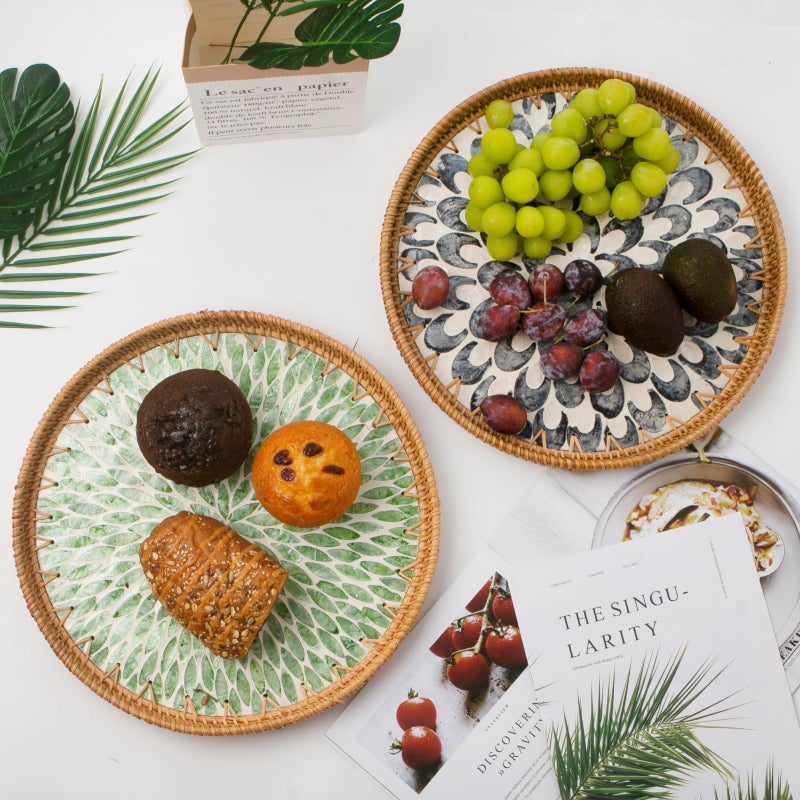 Aayoruro Round Rattan Tray with Mother of Pearl Inlay, Decorative Wicker Serving Tray with Wooden Base, Woven Basket Trays for Bread Fruits Coffee, Leaf - Image 2