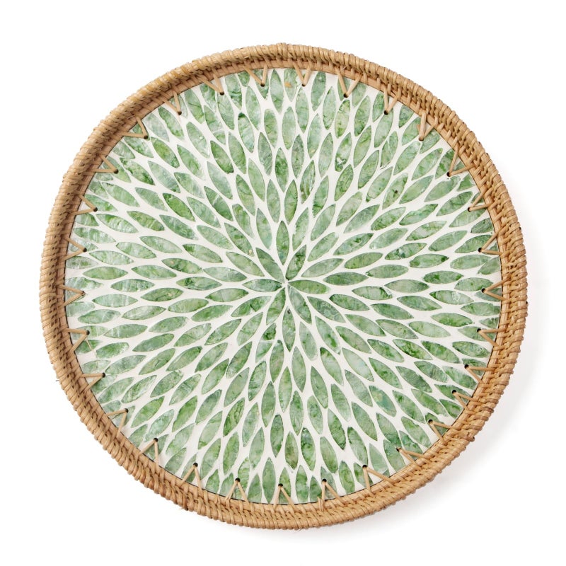 Aayoruro Round Rattan Tray with Mother of Pearl Inlay, Decorative Wicker Serving Tray with Wooden Base, Woven Basket Trays for Bread Fruits Coffee, Leaf - Image 1