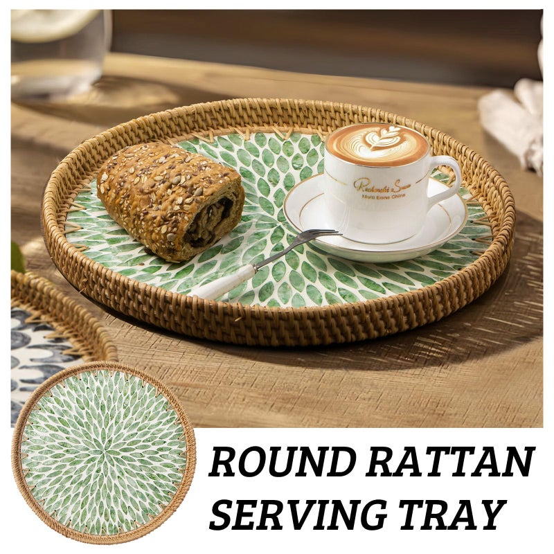 Aayoruro Round Rattan Tray with Mother of Pearl Inlay, Decorative Wicker Serving Tray with Wooden Base, Woven Basket Trays for Bread Fruits Coffee, Leaf - Image 4