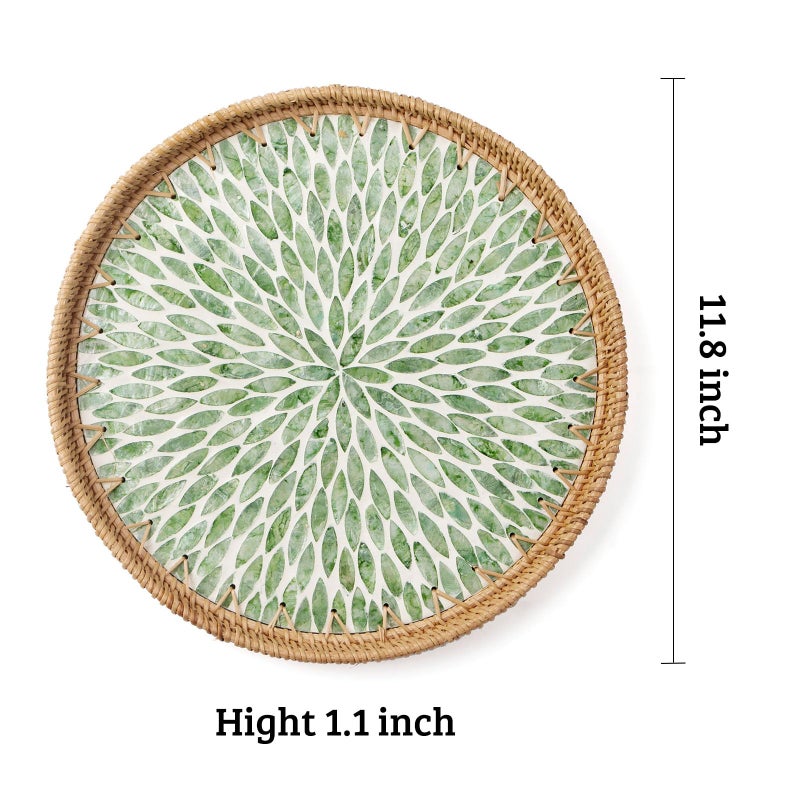 Aayoruro Round Rattan Tray with Mother of Pearl Inlay, Decorative Wicker Serving Tray with Wooden Base, Woven Basket Trays for Bread Fruits Coffee, Leaf - Image 3