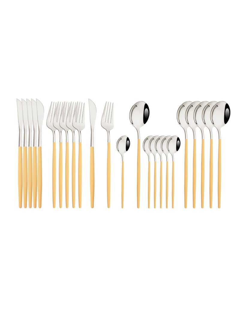 ماهمير طقم تقديم أطباق MahMir® مكون من 24 قطعة، طقم أدوات مائدة فضية من الفولاذ المقاوم للصدأ، طقم أدوات مائدة أخضر ذهبي، طقم أدوات مائدة عصري أنيق للحفلات، الكريسماس، العشاء (أصفر فضي) - Image 1