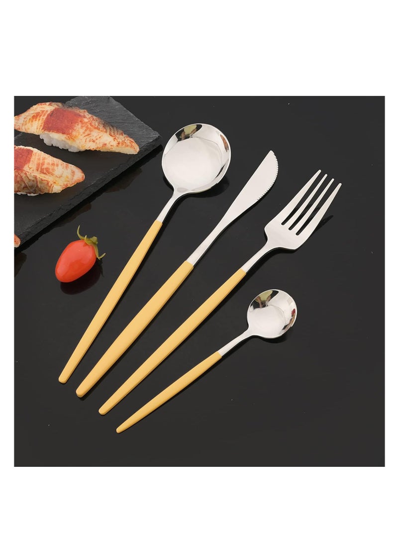 ماهمير طقم تقديم أطباق MahMir® مكون من 24 قطعة، طقم أدوات مائدة فضية من الفولاذ المقاوم للصدأ، طقم أدوات مائدة أخضر ذهبي، طقم أدوات مائدة عصري أنيق للحفلات، الكريسماس، العشاء (أصفر فضي) - Image 2