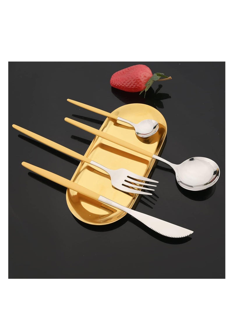 ماهمير طقم تقديم أطباق MahMir® مكون من 24 قطعة، طقم أدوات مائدة فضية من الفولاذ المقاوم للصدأ، طقم أدوات مائدة أخضر ذهبي، طقم أدوات مائدة عصري أنيق للحفلات، الكريسماس، العشاء (أصفر فضي) - Image 3