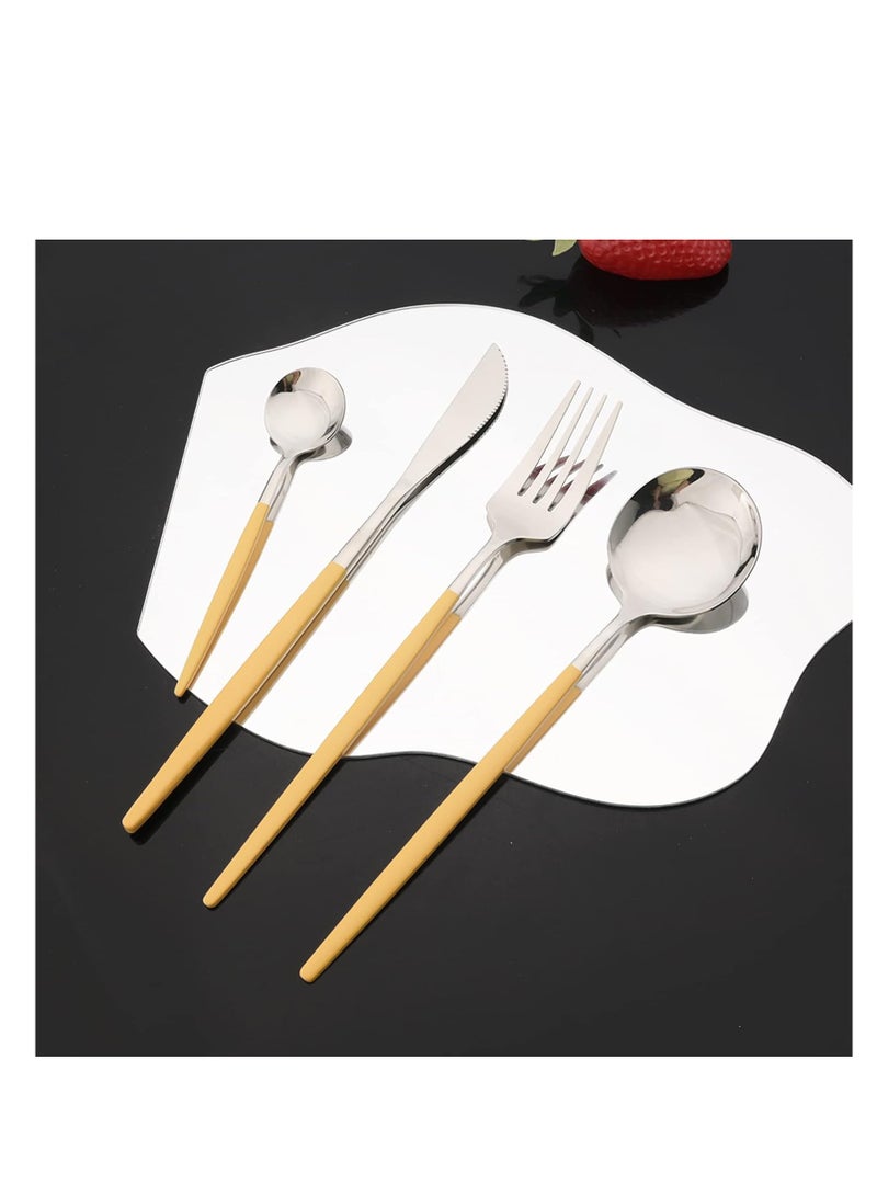 ماهمير طقم تقديم أطباق MahMir® مكون من 24 قطعة، طقم أدوات مائدة فضية من الفولاذ المقاوم للصدأ، طقم أدوات مائدة أخضر ذهبي، طقم أدوات مائدة عصري أنيق للحفلات، الكريسماس، العشاء (أصفر فضي) - Image 4