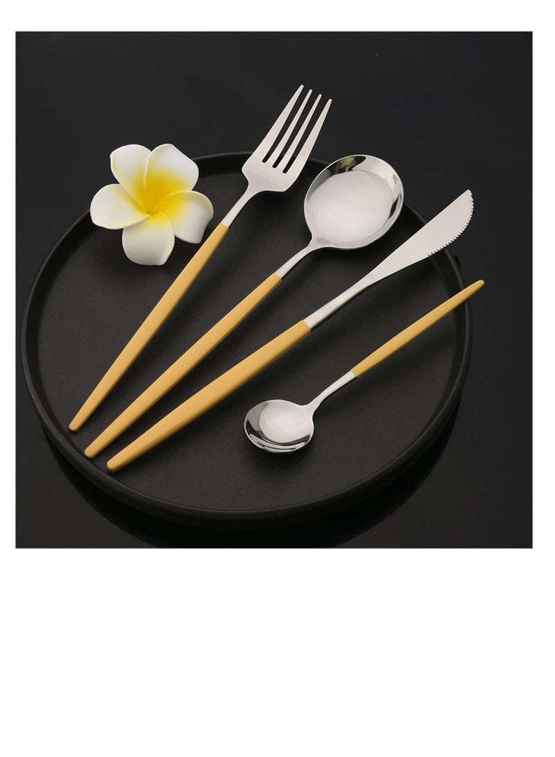 ماهمير طقم تقديم أطباق MahMir® مكون من 24 قطعة، طقم أدوات مائدة فضية من الفولاذ المقاوم للصدأ، طقم أدوات مائدة أخضر ذهبي، طقم أدوات مائدة عصري أنيق للحفلات، الكريسماس، العشاء (أصفر فضي) - Image 5