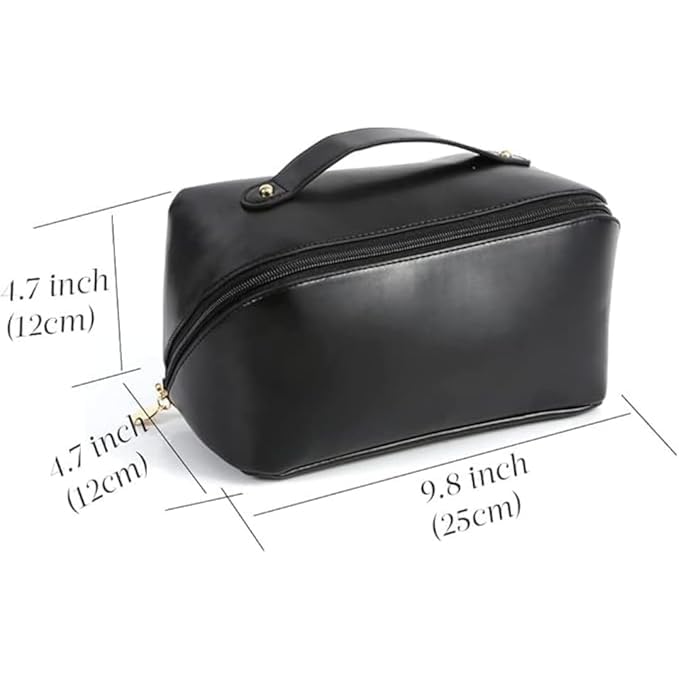 MS Export Large Capacity Travel Cosmetic Bag with Handle and Divider – Waterproof PU Leather Makeup Organizer for Women & Girls, Zipper Toiletry Case with Compartments, Brown (Black) - Image 2