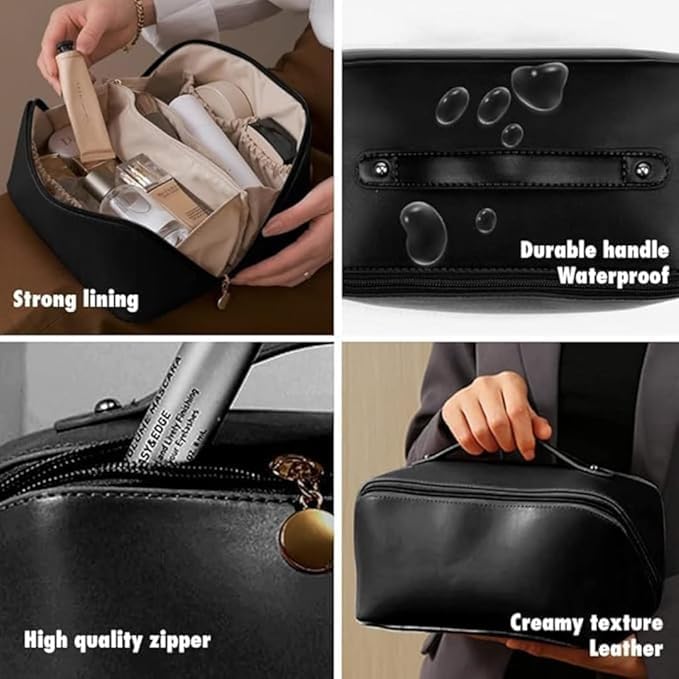 MS Export Large Capacity Travel Cosmetic Bag with Handle and Divider – Waterproof PU Leather Makeup Organizer for Women & Girls, Zipper Toiletry Case with Compartments, Brown (Black) - Image 4
