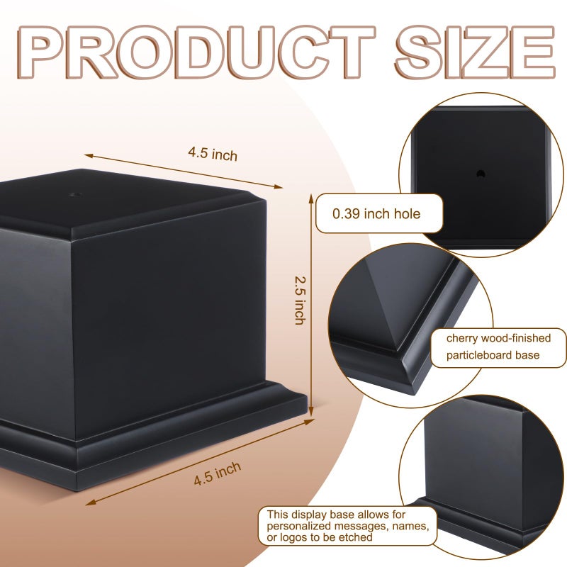 Chunful 1 Pack Wood Base Trophy Base DIY Square Stand Blank for Trophies Awards Trophies Figurines Cups Display Stand (4.5" X 4.5" X 2.5",Black) - Image 2