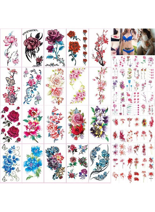 HinchJone 80 Sheets Flowers Temporary Tattoos Stickers Creative Small Red Flowers Large Roses Mixed Style Body Arm Chest Waist Face Neck Fake Tattoos for Women Girl or Kids - Image 1