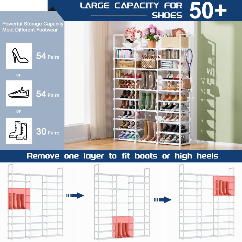 Mavivegue 10 Tiers Shoe Rack, Large Storage Space, 55-60 Pairs, White, Polypropylene - Image 4