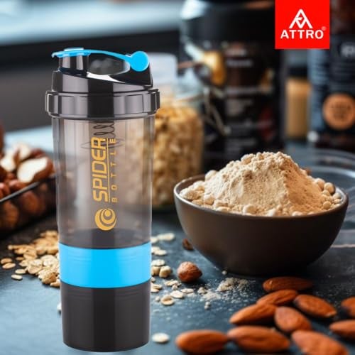 ATTRO Plastic Spider Shaker Bottle with Storage 300ml Protein Mixer Bottle with Compartment for Supplements, BPA-Free, Leakproof Gym Shaker Cup, Ideal for Workout, Gym, Travel Blue - Image 2