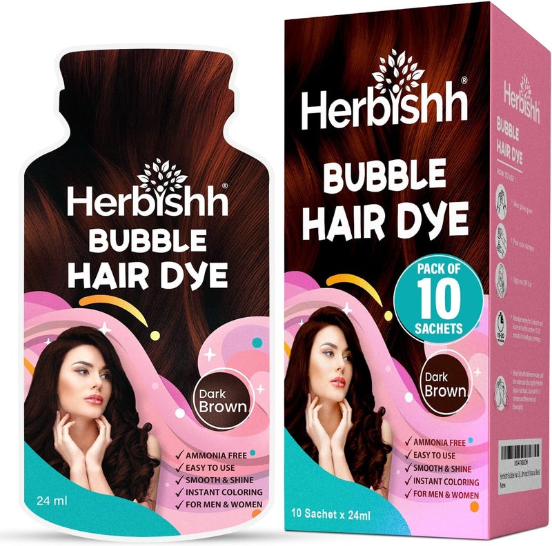 Herbishh شامبو صبغة الشعر الفقاعي من هيربيش - بني داكن، 10 أكياس × 24 مل - Image 1