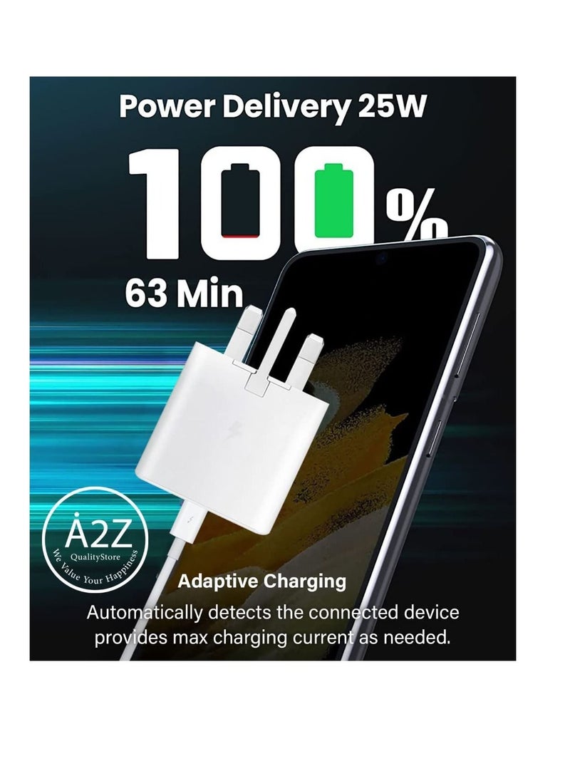 Generic - Super Fast 25W Charger With 1 Year's Warranty Including USB C Charging Cable in Box For compatible Samsung S22, S22 Ultra, S20, S10, Note Series & Earlier Models With USB C Connector (White - Image 1