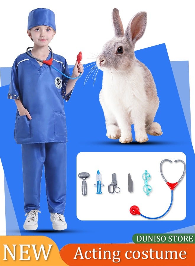 DUNISO Kids veterinary costume, suitable for boys and girls to wear doctor prop suits, role-playing sets, equipped with hats and six piece toy sets, suitable for heights of 110 to 130 centimeters  - Image 1