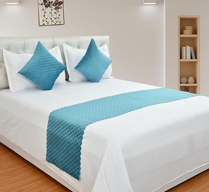 KINGLY 3 Piece Velvet Bed Runner Set – Luxury Quilted Hotel Style Bedding Décor for King Size Bed | Pastel Green | 16x96 Inch Bed Runner with 2 Cushion Covers 16x16 Inch - Image 4