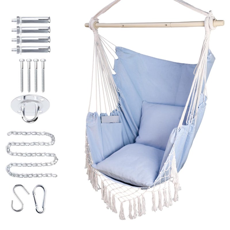 Pirny Hammock Chair Hanging Rope Swing Chair Max 450 Lbs  Large Hanging Chair With Pocket  2 Cushions  Steel Bar With Anti-Slip Rings  Hardware Kit Included  Comfortable For Indoor Outdoor (Blue) - Image 1