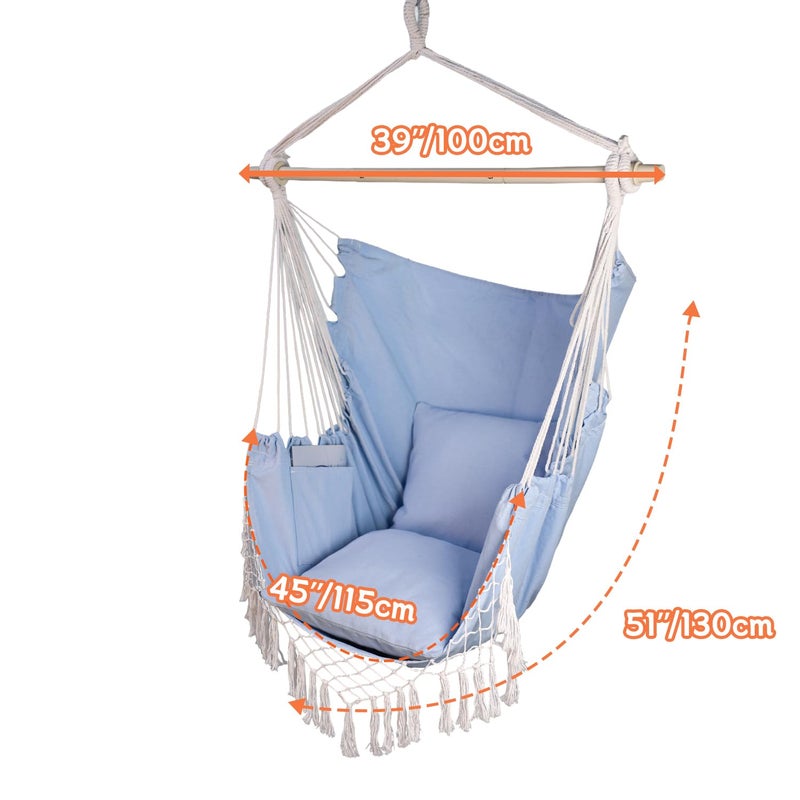 Pirny Hammock Chair Hanging Rope Swing Chair Max 450 Lbs  Large Hanging Chair With Pocket  2 Cushions  Steel Bar With Anti-Slip Rings  Hardware Kit Included  Comfortable For Indoor Outdoor (Blue) - Image 4