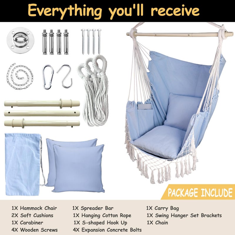 Pirny Hammock Chair Hanging Rope Swing Chair Max 450 Lbs  Large Hanging Chair With Pocket  2 Cushions  Steel Bar With Anti-Slip Rings  Hardware Kit Included  Comfortable For Indoor Outdoor (Blue) - Image 3