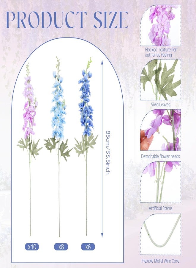 Knitgrip 24 Pcs Artificial Delphinium Flowers Bulk, 33.5'' Faux Silk Delphinium Tall Fake Long Stem Real to Touch Multi Color Bouquet Flowers for Tall Vase Home DIY Wedding Decor(Blue Violet Harmony) - Image 2