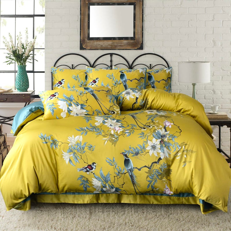 BUPIRD Floral Queen Duvet Cover 100 Soft Cotton 3 Piece Chic Birds Queen Flower Bedding Set Yellow Garden Tree Branches Flowers Birds Print Pattern Reversible Duvet Cover Floral with Zipper Closure - Image 2