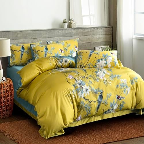 BUPIRD Floral Queen Duvet Cover 100 Soft Cotton 3 Piece Chic Birds Queen Flower Bedding Set Yellow Garden Tree Branches Flowers Birds Print Pattern Reversible Duvet Cover Floral with Zipper Closure - Image 3