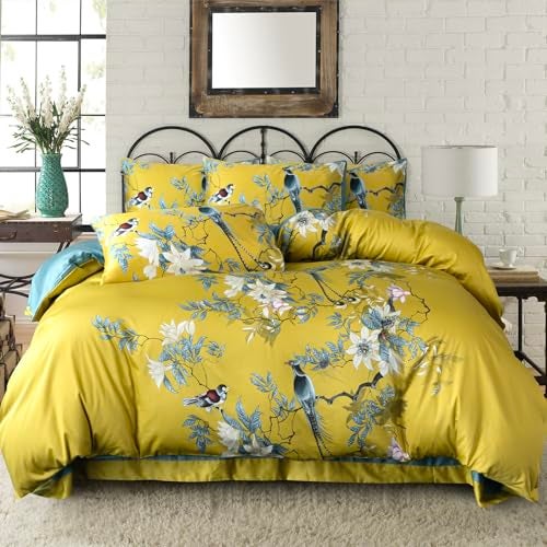 BUPIRD Floral Queen Duvet Cover 100 Soft Cotton 3 Piece Chic Birds Queen Flower Bedding Set Yellow Garden Tree Branches Flowers Birds Print Pattern Reversible Duvet Cover Floral with Zipper Closure - Image 1