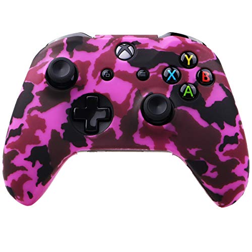 YoRHa Water Transfer Printing Camouflage Silicone Cover Skin Case for Microsoft Xbox One X & Xbox One S Controller x 1(Dark Pink) with PRO Thumb Grips x 8 - Image 2
